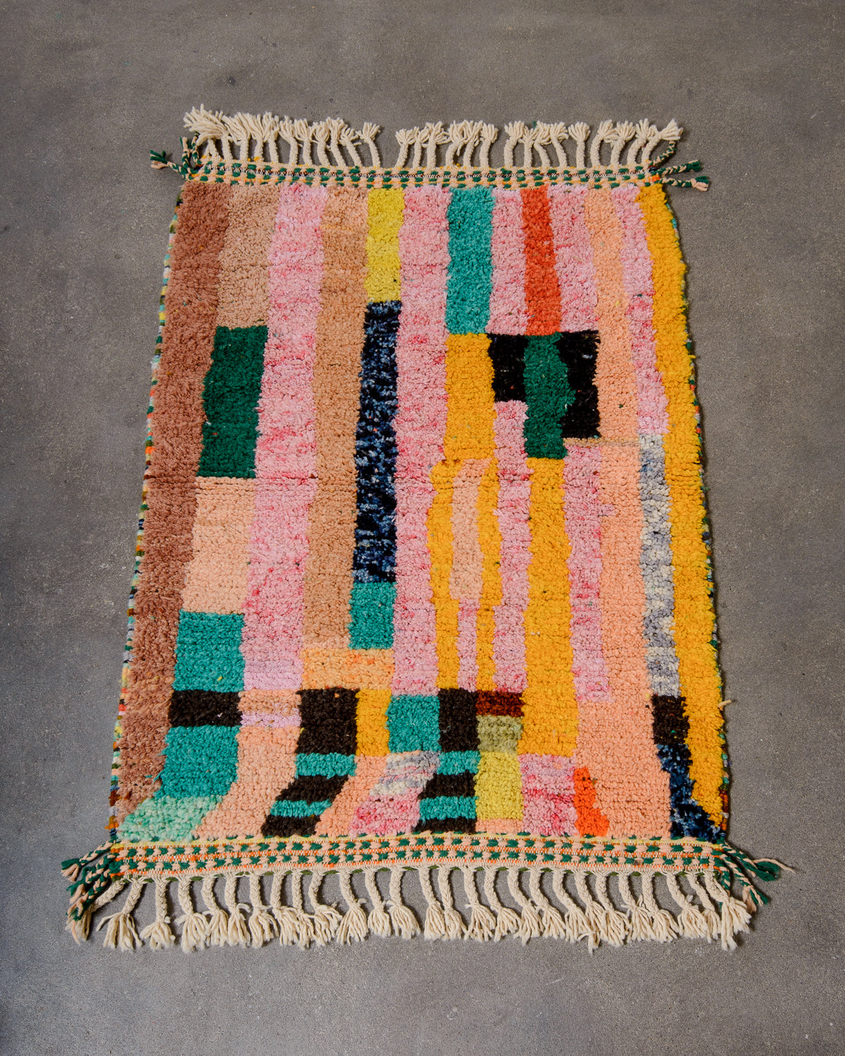 Modern, designer, handcrafted Berber rug from Morocco. Beniourain carpet with beautiful colours and patterns and fluffy wool texture.